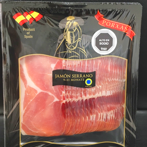 El jamón serrano Porxas es de origen español. Elaborado con carne de cerdo de alta calidad y curado durante más de 12 meses. De textura suave y jugosa.