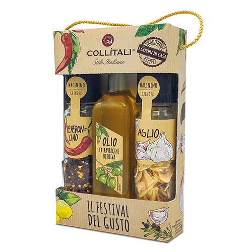 Pack Aliño Regalo: contiene ajo laminado, peperoncino y aceite de oliva.