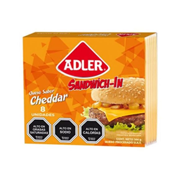 Queso Cheddar Laminado de Adler. Se puede usar en hamburguesas, sándwiches, huevos revueltos o papas horneadas.