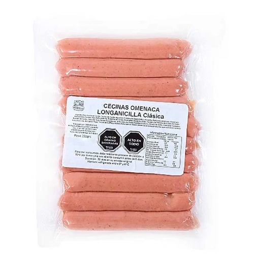 Longanicilla clásica de Omeñaca, un producto elaborado con carne de cerdo y tocino seleccionados. Ideal para la parrilla y disfrutar como aperitivo.