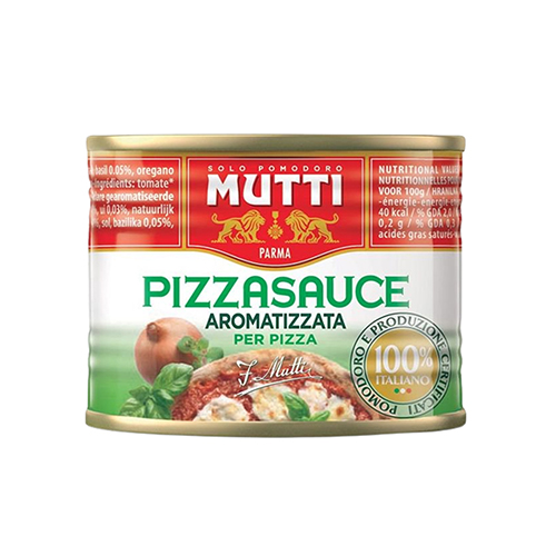 Salsa para Pizza de Mutti, preparada con tomates frescos, destacando por su textura poco elaborada, característica de los productos artesanales.