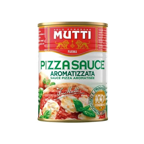 Salsa para Pizza de Mutti, preparada con tomates frescos, destacando por su textura poco elaborada, característica de los productos artesanales.