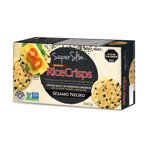 Rice Crisps Sésamo Negro: una combinación única de arroz integral y sésamo negro en galletas ultra delgadas.